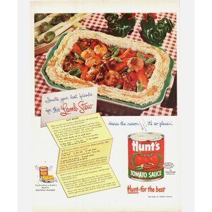 1951 Hunt's Tomato Saucce Lamb Stew Casserole Dish Vintage Print Ad Wall Art